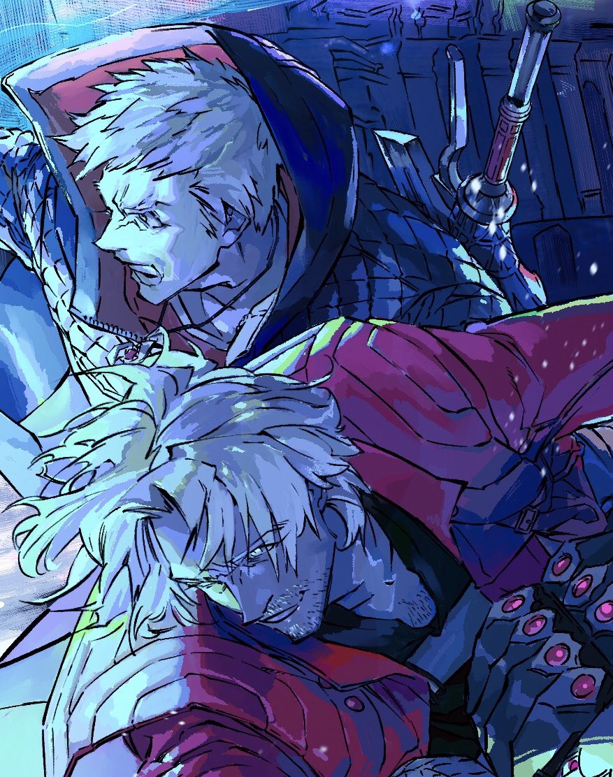 2boys, blue_coat, blue_eyes, chest_hair, coat, colorful, cropped, dante_(devil_may_cry)