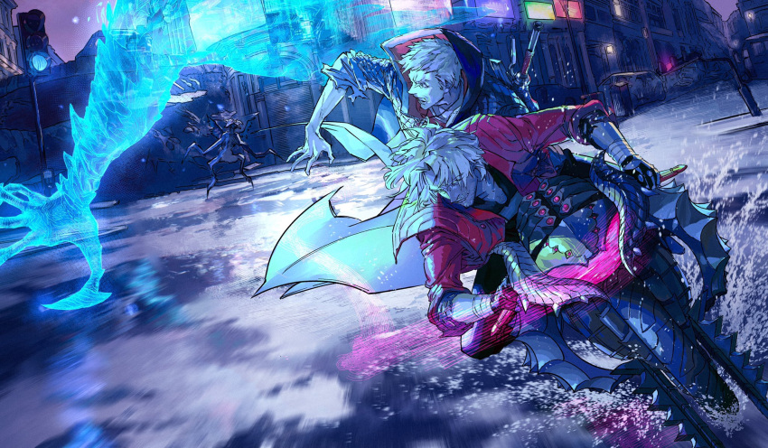 2boys, bandaged_arm, bandages, black_gloves, blue_coat, blue_eyes, chest_hair, coat, colorful, dante_(devil_may_cry), demon, devil_may_cry, devil_may_cry_5, eyebrows_visible_through_hair, eyes_visible_through_hair, facial_hair, fingerless_gloves, gloves, grin, ground_vehicle, highres, hood, hooded_coat, jewelry, johngaramond, male_focus, motor_vehicle, motorcycle, multiple_boys, necklace, nero_(devil_may_cry), open_clothes, open_coat, open_mouth, outdoors, padded_coat, parted_lips, puddle, red_coat, riding, sleeves_rolled_up, slit_pupils, smile, stubble, sword, torn, torn_clothes, torn_coat, traffic_light, water, weapon, weapon_on_back, wet, white_hair