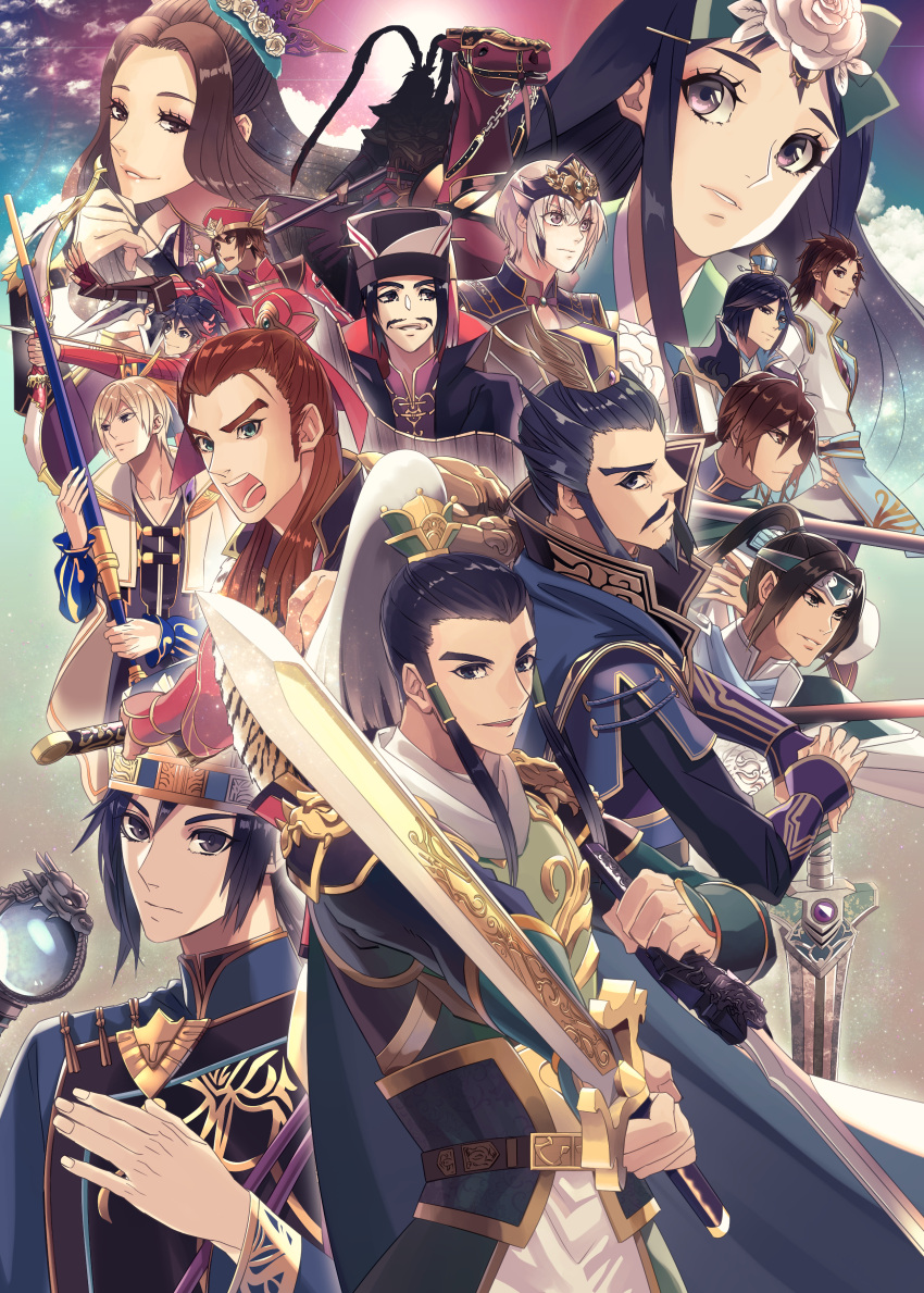 3girls, 6+boys, absurdres, arrow_(projectile), axe, black_hair, blonde_hair, bow, bow_(weapon), brown_eyes, brown_gloves, brown_hair, cao_cao, character_request, dual_wielding, eyepatch, facial_hair, fingerless_gloves, flower, gloves, green_bow, hair_between_eyes, hair_bow, hair_flower, hair_ornament, hand_up, hat, highres, holding, holding_sword, holding_weapon, horse, liu_bei, multiple_boys, multiple_girls, mustache, nice_hajime, ponytail, red_headwear, sangoku_musou, shouting, sidelocks, smile, sousou, sword, thick_eyebrows, violet_eyes, weapon, zhang_liao_(sangoku_musou)