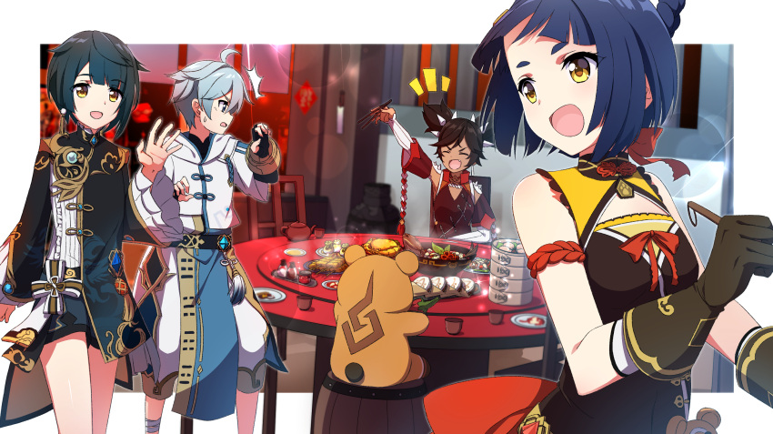 2boys, 2girls, barrel, china_dress, chinese_clothes, chongyun_(genshin_impact), chopsticks, closed_eyes