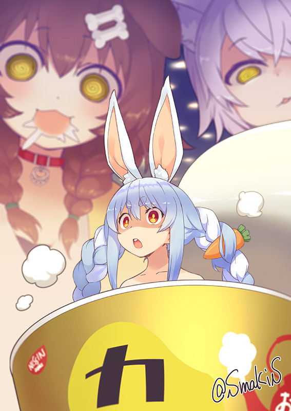 3girls, @_@, animal_ears, blue_hair, blurry, blurry_background, bone_hair_ornament, braid, brown_hair, carrot_hair_ornament, cat_ears, dog_ears, drooling, food, food_themed_hair_ornament, hair_ornament, hololive, in_food, instant_curry_rice, inugami_korone, minigirl, multiple_girls, nekomata_okayu, nissin, orange_eyes, purple_hair, rabbit_ears, steam, sumaki_shungo, twin_braids, twitter_username, usada_pekora, yellow_eyes