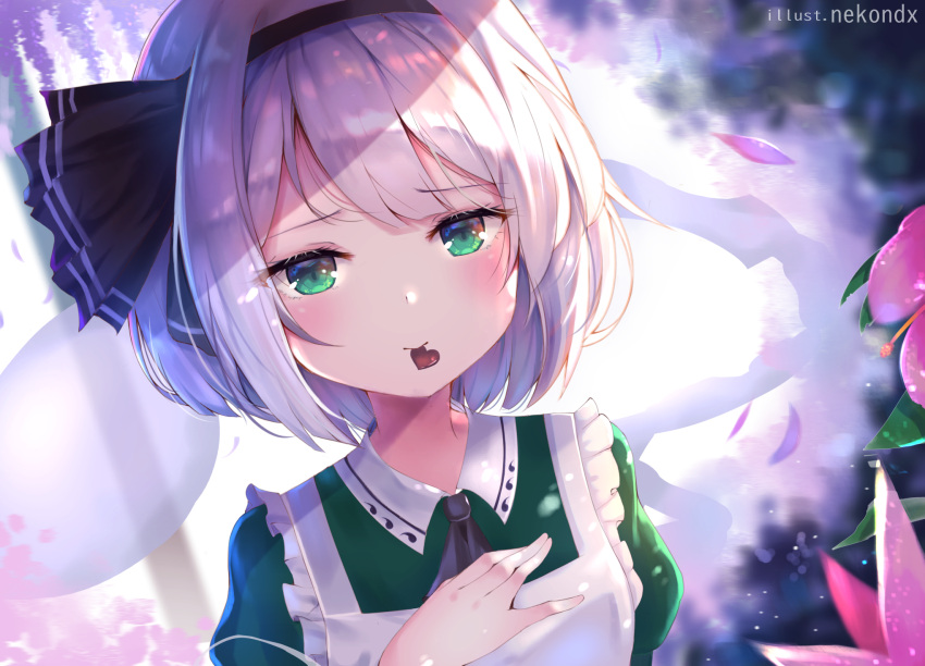 alternate_costume, apron, ascot, bangs, black_hairband, black_neckwear, black_ribbon, blurry, blurry_background, blush, bob_cut, candy, chocolate, chocolate_heart, commentary, dress, dutch_angle, enmaided, eyebrows_visible_through_hair, flower, food, food_in_mouth, frilled_apron, frills, green_dress, green_eyes, hair_ribbon, hairband, hand_on_own_chest, hand_up, heart, highres, hitodama, konpaku_youmu, konpaku_youmu_(ghost), maid, maid_apron, mouth_hold, myon_(phrase), nekomine14, petals, pink_flower, puffy_short_sleeves, puffy_sleeves, purple_flower, ribbon, short_hair, short_sleeves, sidelocks, silver_hair, touhou, white_apron, white_hair, wing_collar, wisteria