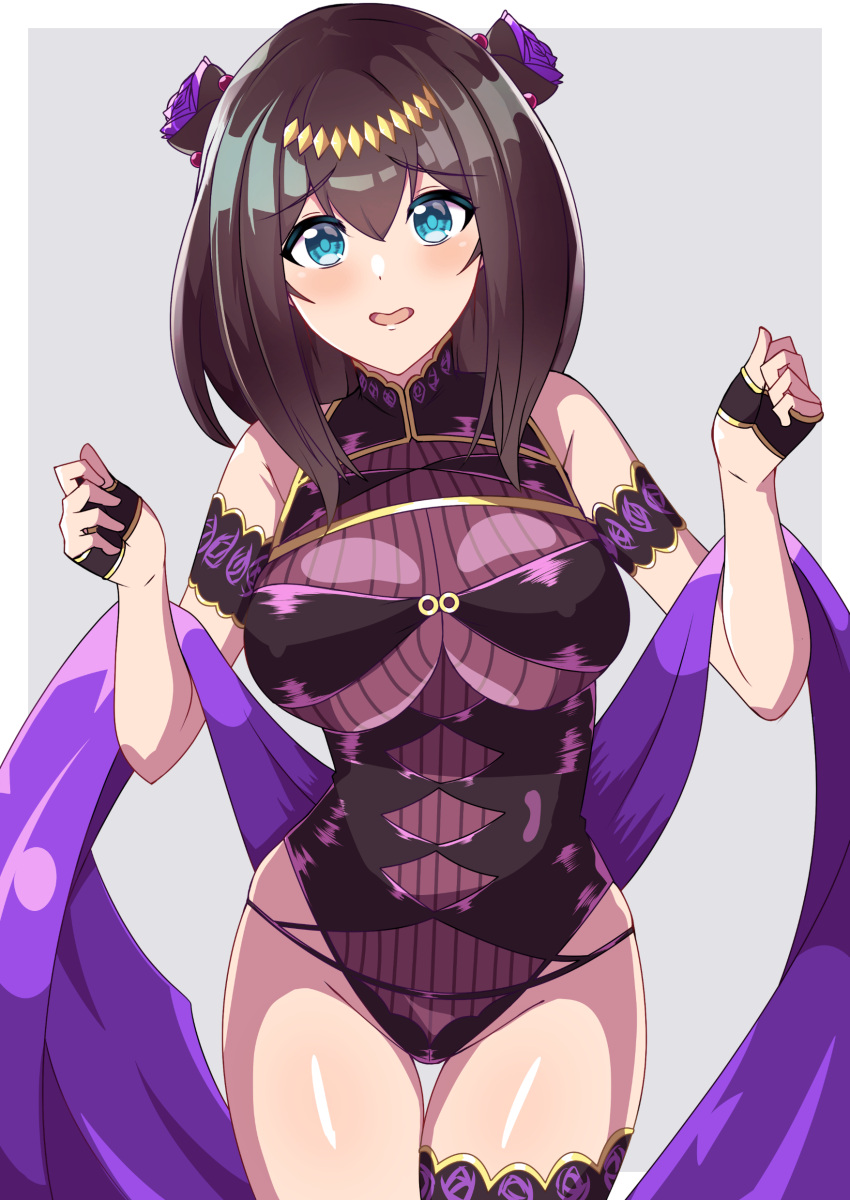1girl, absurdres, armlet, bangs, bare_shoulders, black_gloves, black_hair, black_swimsuit, blue_eyes, breasts, circlet, cosplay, covered_navel, fate/grand_order, fate_(series), fingerless_gloves, flower, gloves, gold_trim, hair_flower, hair_ornament, half_gloves, highleg, highleg_swimsuit, highres, idolmaster, idolmaster_cinderella_girls, kuramari_(godbaan), large_breasts, long_hair, looking_at_viewer, murasaki_shikibu_(fate), murasaki_shikibu_(swimsuit_rider)_(fate), murasaki_shikibu_(swimsuit_rider)_(fate)_(cosplay), one-piece_swimsuit, sagisawa_fumika, shawl, swimsuit, thighs