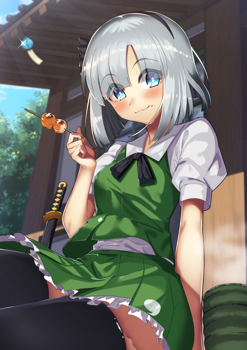 1girl, :3, architecture, arm_support, artist_request, bangs, black_bow, black_hairband
