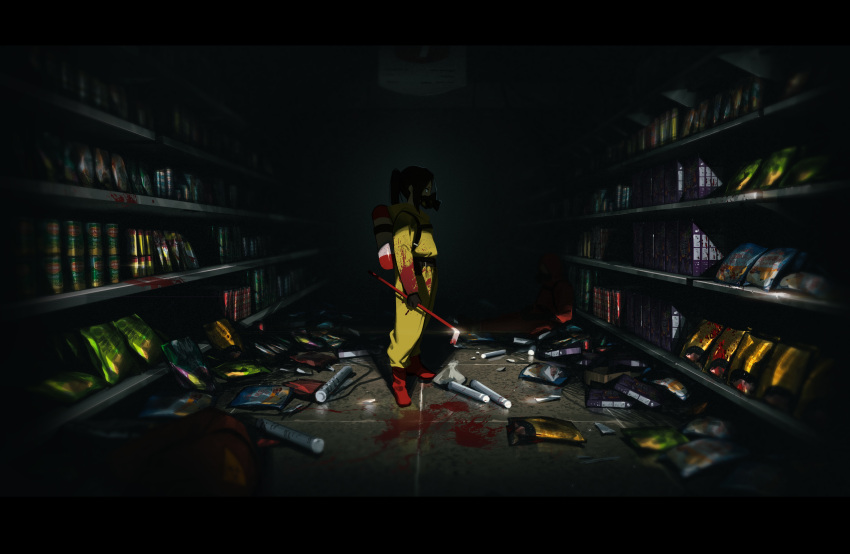 1girl, absurdres, bag, blood, blood_splatter, bloody_clothes, bloody_weapon, blue_eyes
