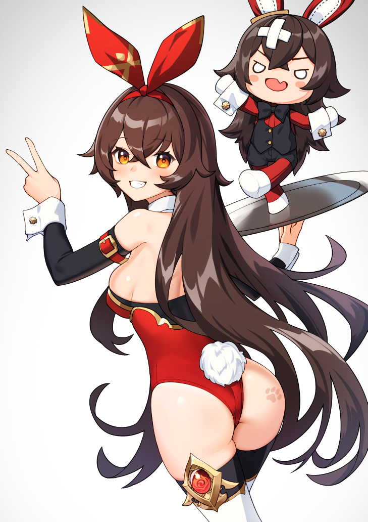 1girl, :d, amber_(genshin_impact), animal_ears, ass, bare_shoulders, baron_bunny, black_bow