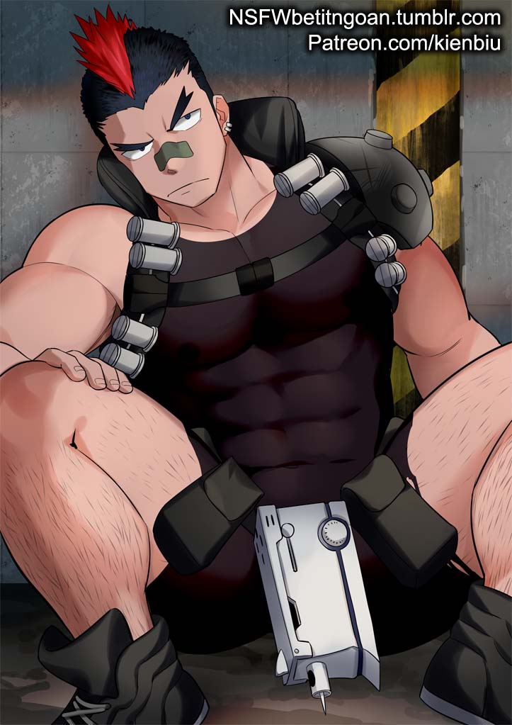 1boy, armor, ass_visible_through_thighs, bandaid, bandaid_on_nose, bara, black_hair, black_shorts