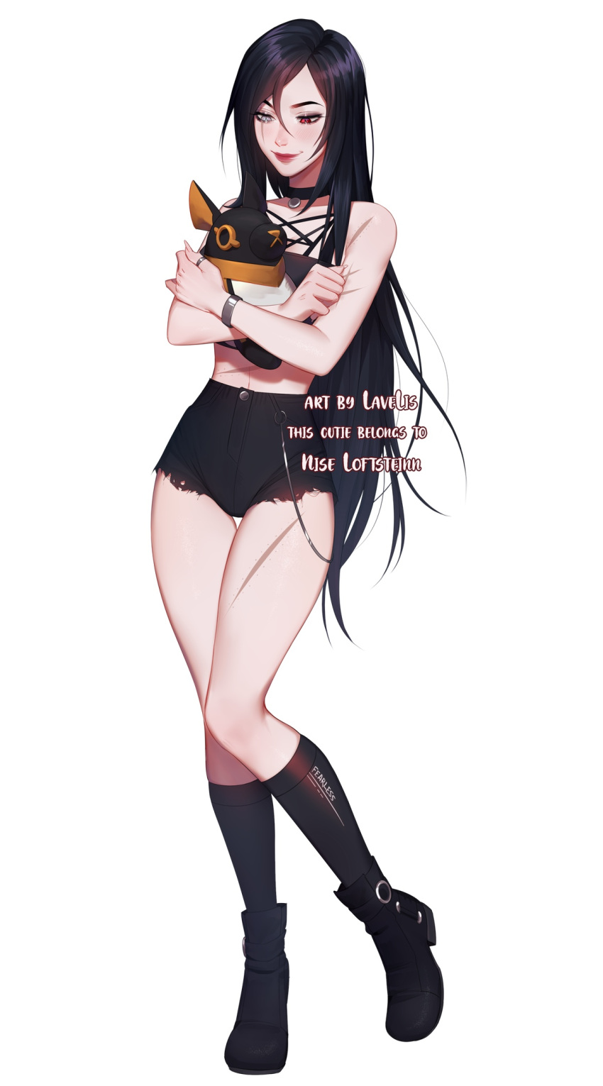 1girl, artist_name, bangs, bare_shoulders, black_choker, black_clothes, black_footwear, black_hair