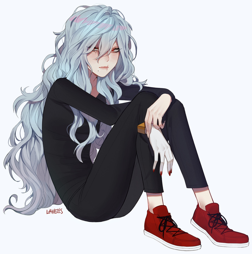 1girl, artist_name, bangs, black_clothes, black_pants, black_shirt, blue_hair, boku_no_hero_academia
