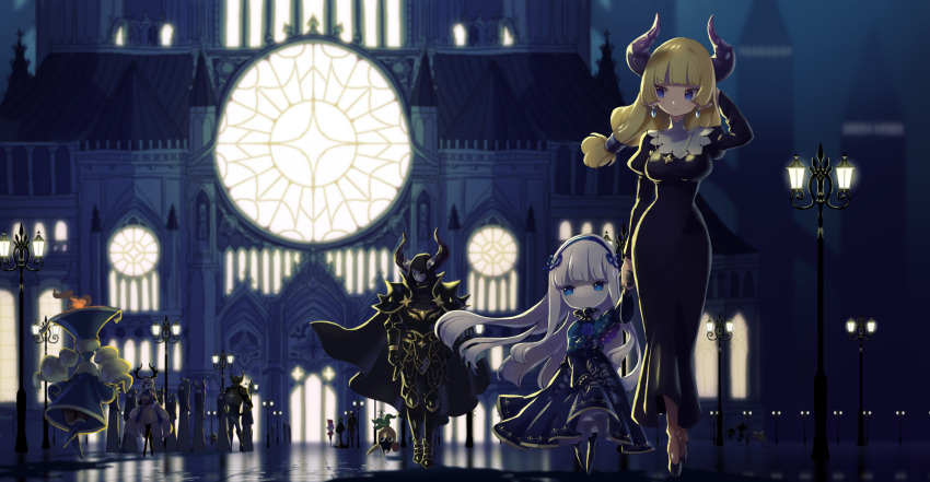 1boy, 2girls, absurdres, black_cape, black_dress, black_footwear, blonde_hair, blue_eyes