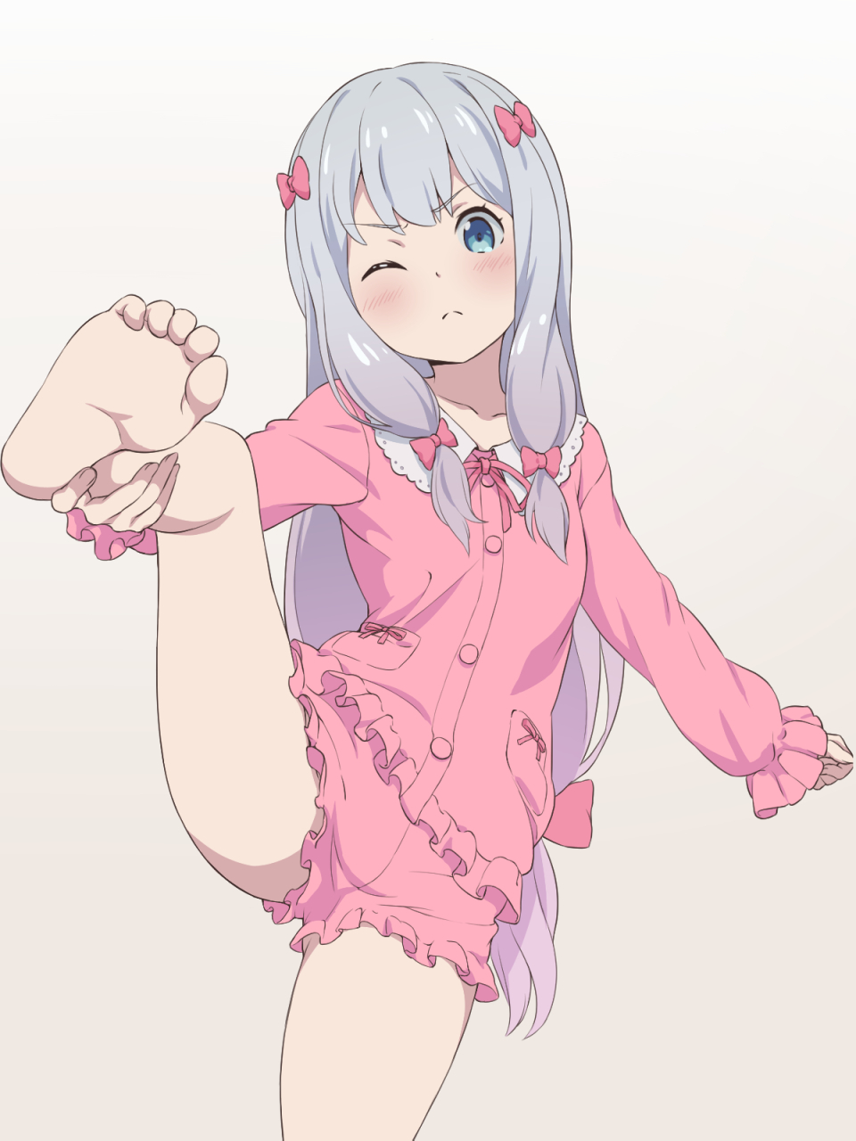 1girl, barefoot, blue_eyes, bow, commentary_request, eromanga_sensei, feet, grey_background