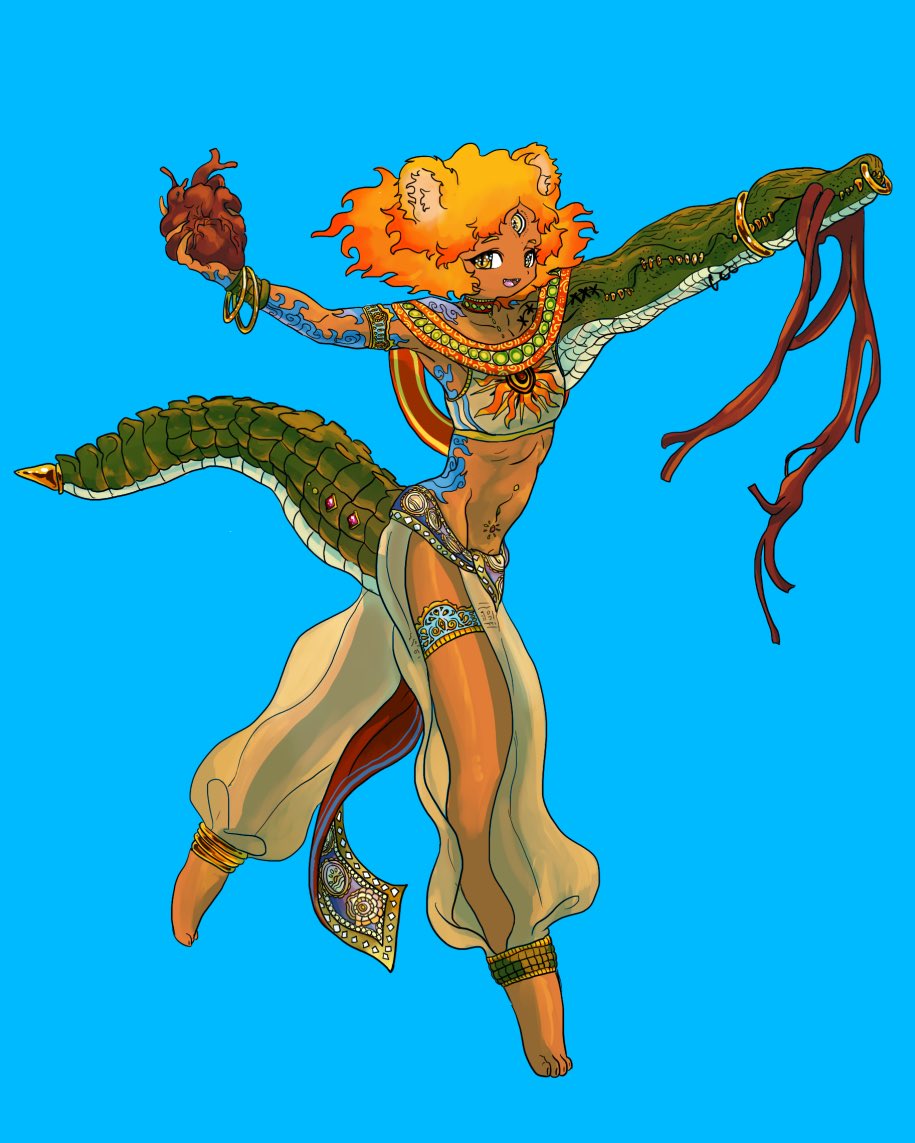1girl, :d, androgynous, animal_ears, arm_tattoo, blue_background, bracelet, crocodilian_tail