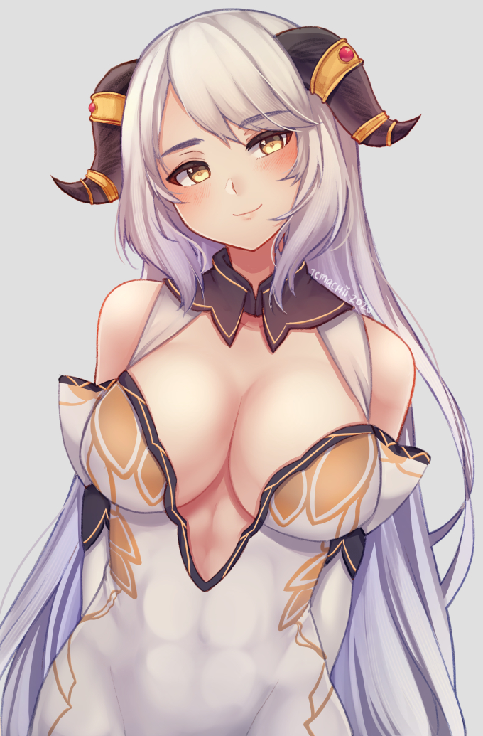 1girl, blush, breasts, closed_mouth, commentary, covered_abs, dated, dress