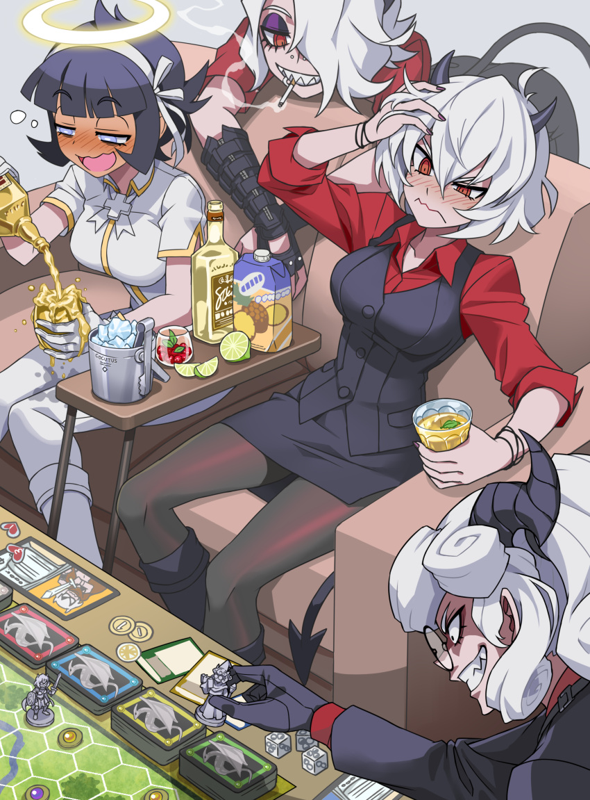 4girls, absurdres, alcohol, arm_up, azazel_(helltaker), bangs, bent_over, black_footwear