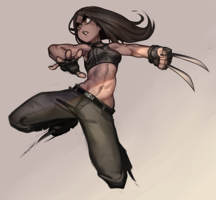 1girl, abs, armpits, bangs, bare_shoulders, belt, belt_buckle, black_belt, black_choker, black_footwear, black_gloves, boots, breasts, brown_eyes, brown_hair, buckle, choker, claws, commentary, dark_skin, fingerless_gloves, full_body, gloves, grey_background, grey_pants, grey_sports_bra, highres, kelvin_hiu, long_hair, midriff, navel, pants, parted_bangs, simple_background, small_breasts, solo, sports_bra, teeth, weapon, x-23, x-men