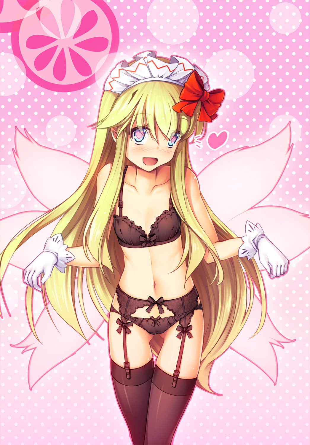 1girl, :d, ass_visible_through_thighs, bangs, bare_shoulders, black_bra, black_garter_belt, black_legwear