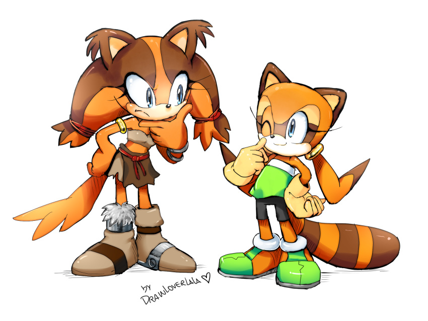 2girls, ;), animal_ears, armlet, artist_name, badger_ears, badger_tail, blue_eyes, boots, closed_mouth, commentary_request, drawloverlala, full_body, furry, gloves, green_shirt, heart, highres, look-alike, looking_at_another, marine_the_raccoon, multiple_girls, off_shoulder, one_eye_closed, raccoon_ears, raccoon_girl, raccoon_tail, shirt, simple_background, skirt, smile, sonic_(series), sonic_boom_(game), standing, sticks_the_badger, tail, white_background