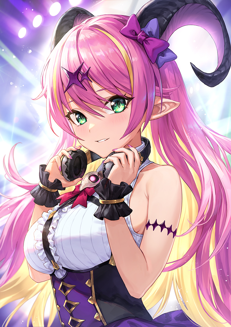 1girl, arm_strap, asymmetrical_horns, bare_shoulders, blonde_hair, blush, bow, breasts, chest_harness, colored_inner_hair, curled_horns, demon_horns, dress, green_eyes, guchico, hair_between_eyes, hair_bow, hair_ornament, harness, headphones, headphones_around_neck, holding, holding_headphones, hololive, horns, large_breasts, long_hair, looking_at_viewer, mano_aloe, multicolored_hair, nail_polish, official_art, pink_hair, pointy_ears, purple_nails, skull, sleeveless, sleeveless_dress, smile, solo, streaked_hair, two-tone_hair, virtual_youtuber, wrist_cuffs