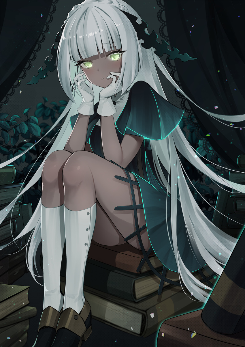 1girl, afk_arena, ankkoyom, ass, bangs, black_dress, black_footwear, blunt_bangs, book, book_stack, boots, breasts, closed_mouth, commentary_request, dark_skin, dress, eyebrows_visible_through_hair, full_body, gloves, glowing, grey_hair, hand_on_own_cheek, hands_up, high_heels, highres, isabella_(afk_arena), kneehighs, long_hair, long_legs, looking_at_viewer, medium_breasts, parted_lips, plant, short_sleeves, silver_hair, sitting, solo, thighs, white_gloves, white_legwear, yellow_eyes