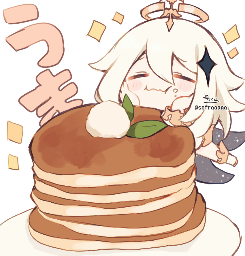 1girl, :i, bangs, blush_stickers, boots, chibi, closed_eyes, closed_mouth, commentary_request, dress, eating, eyebrows_visible_through_hair, facing_viewer, food, food_on_face, genshin_impact, hair_between_eyes, halo, hands_on_own_face, hands_up, highres, knee_boots, long_hair, long_sleeves, paimon_(genshin_impact), pancake, signature, simple_background, sofra, solo, sparkle, stack_of_pancakes, translation_request, twitter_username, wavy_mouth, white_background, white_dress, white_footwear, white_hair