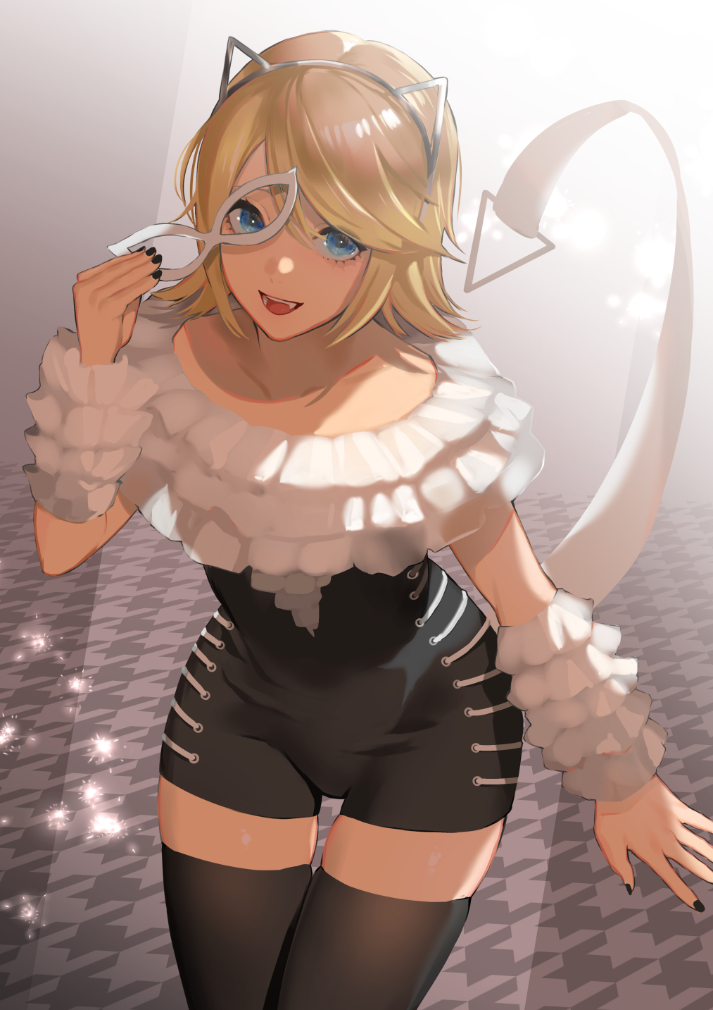 1girl, alternate_costume, animal_ears, blonde_hair, blue_eyes, cat_ears, fake_animal_ears, fang