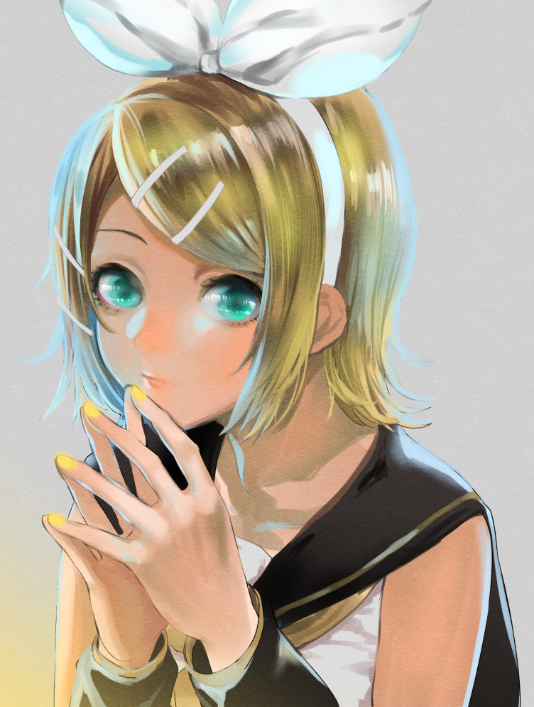 1girl, blonde_hair, blue_eyes, blue_nails, bow, detached_sleeves, hair_bow, hands_together