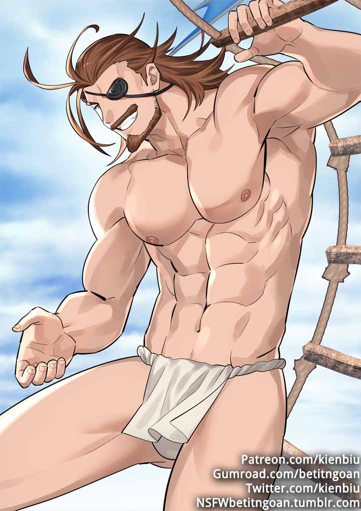 1boy, abs, armpits, bara, beard, brown_eyes, brown_hair, chest