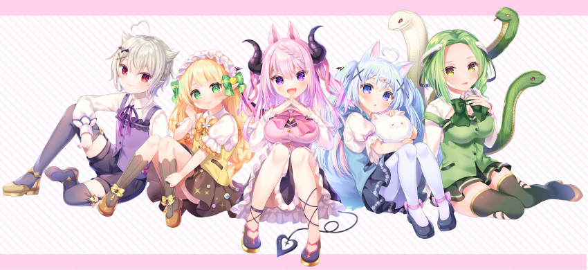 5girls, ahoge, animal_ears, atsumori_chiina, bangs, black_legwear, blonde_hair, blue_eyes