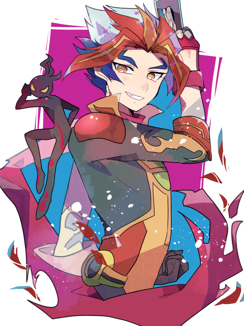1boy, bangs, black_skin, card, clenched_hand, fingerless_gloves, flame_(yu-gi-oh!_vrains), gloves