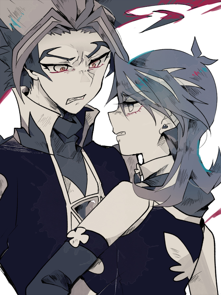 1boy, 1girl, bangs, blue_girl, clenched_teeth, eyebrows_visible_through_hair, glaring, gradient_eyes