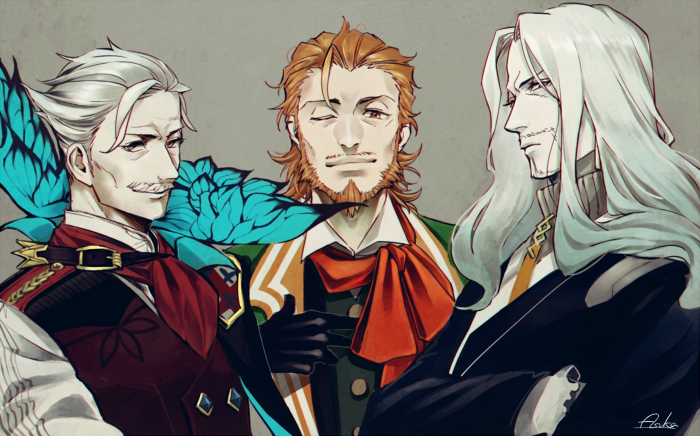 3boys, asukasuka, beard, black_gloves, brown_hair, bug, butterfly, facial_hair
