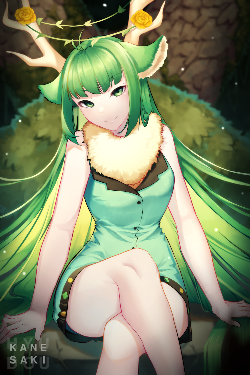 1girl, absurdres, animal_ears, antlers, artist_name, bangs, crossed_legs, flower