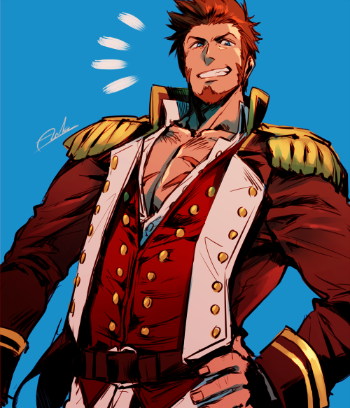 1boy, asukasuka, bara, beard, blue_eyes, brown_hair, chest, commentary_request
