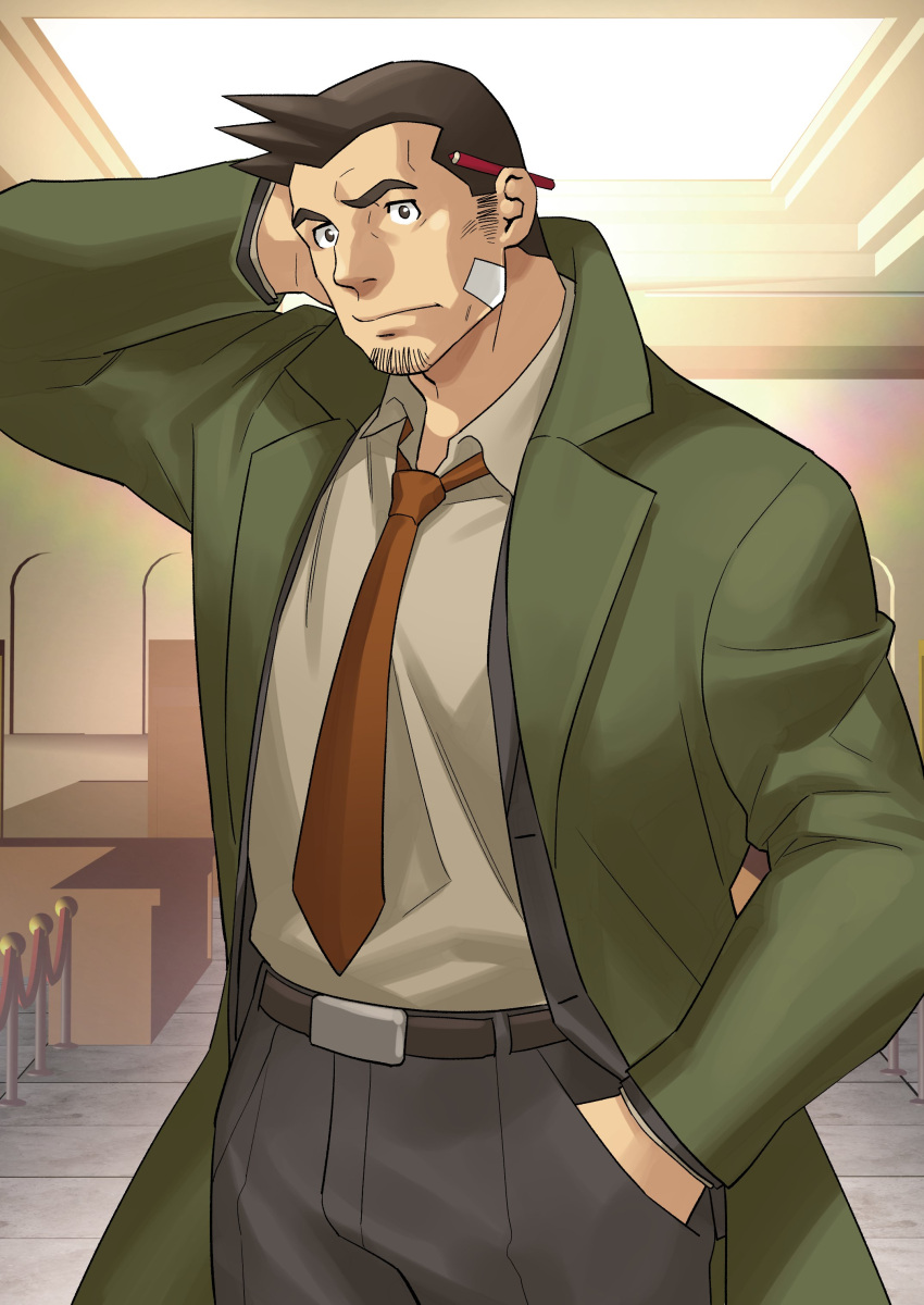 1boy, absurdres, arm_behind_head, bandaid, bandaid_on_face, bara, black_hair, brown_hair