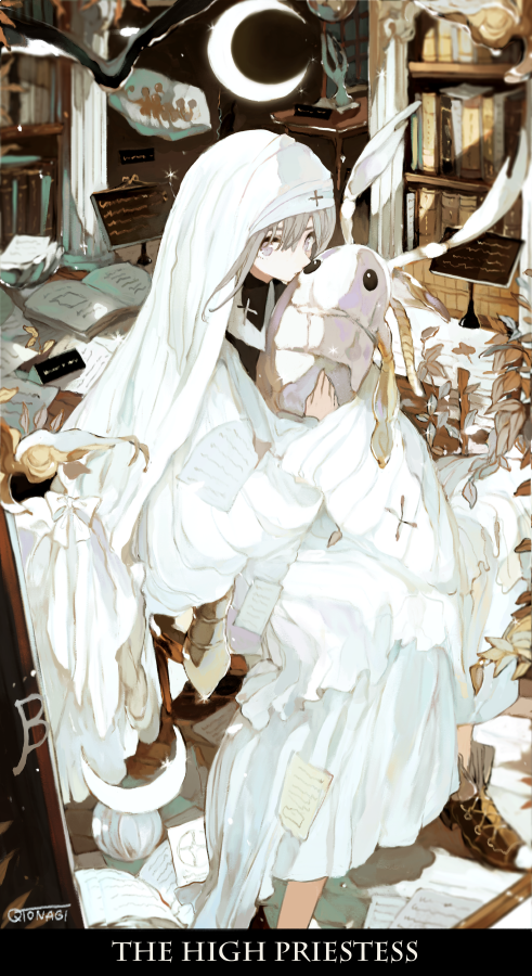 1girl, animal, asahiro, book, bookshelf, carapace, crescent_moon, cross