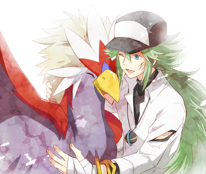 1boy, aqua_eyes, bangs, baseball_cap, braviary, commentary_request, gen_5_pokemon, green_hair