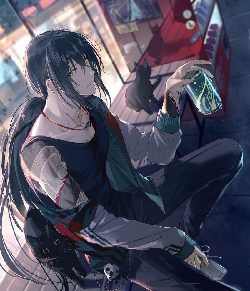 1boy, animal, arm_tattoo, bangs, bare_shoulders, black_cat, black_hair, black_pants