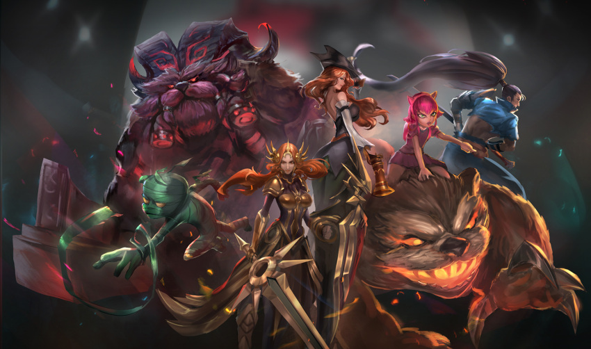 3boys, 3girls, amumu, annie_hastur, black_hair, breasts, cglas, chest_guard