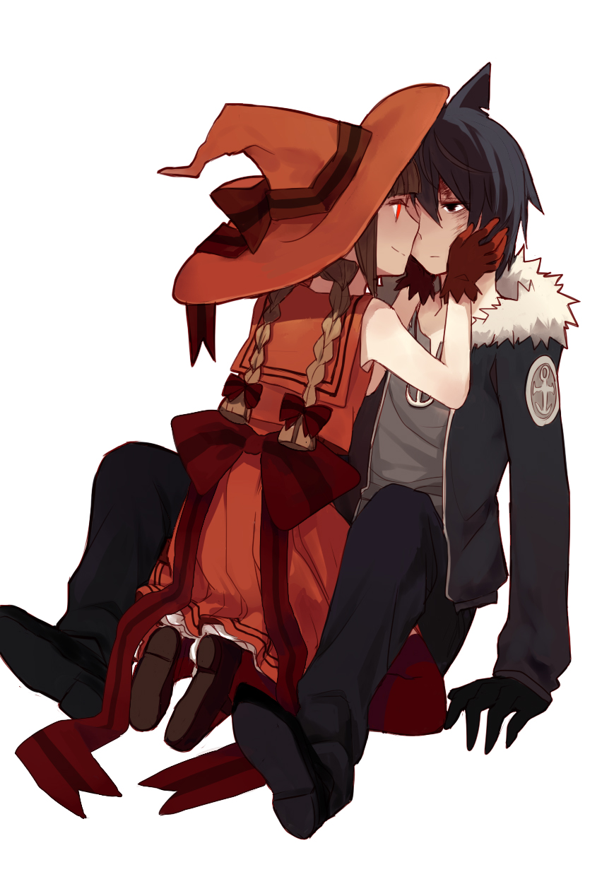 1boy, 1girl, back_bow, bad_end, black_eyes, black_gloves, black_jacket, bow