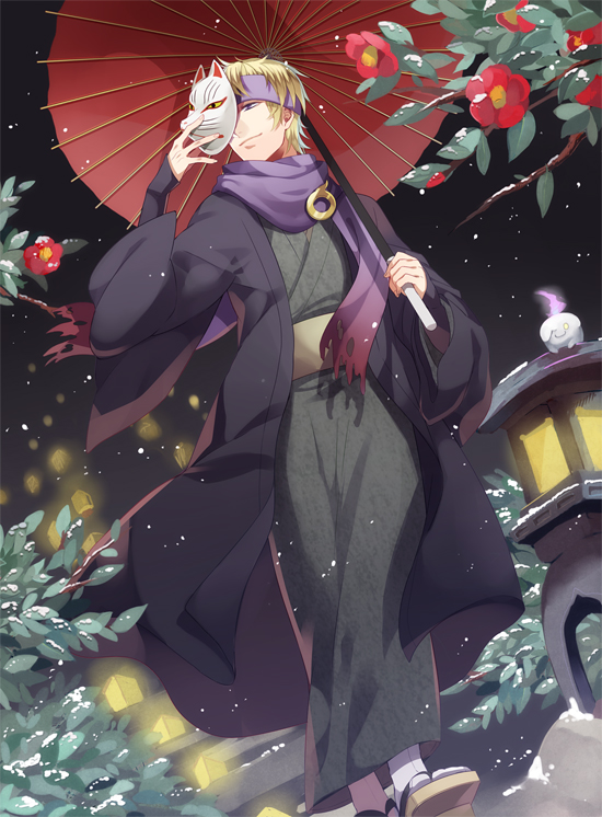 1boy, blonde_hair, commentary_request, flower, flowing_scarf, gen_5_pokemon, headband, holding