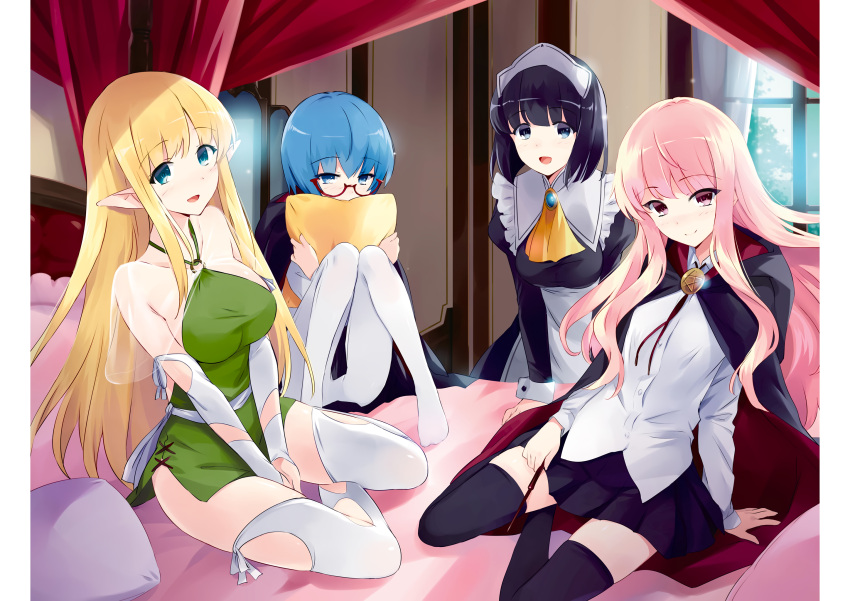 4girls, ascot, bolo_tie, collarbone, highres, holding, holding_pillow, holding_wand, indoors, kneeling, louise_francoise_le_blanc_de_la_valliere, maid, maid_headdress, multiple_girls, noise_reduction, object_hug, official_art, on_bed, pentacle, pentagram, pillow, pillow_hug, siesta_(zero_no_tsukaima), sitting, sitting_on_bed, tabitha_(zero_no_tsukaima), thigh-highs, tiffania_westwood, usatsuka_eiji, wand, zero_no_tsukaima, zettai_ryouiki