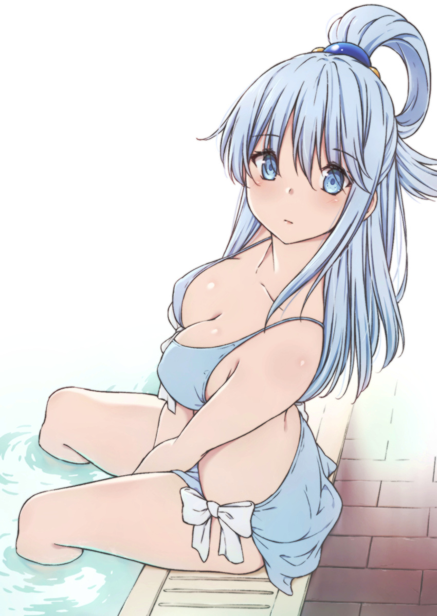 1girl, alternate_costume, aqua_(konosuba), bare_shoulders, bikini, blue_bikini, blue_eyes, blue_hair