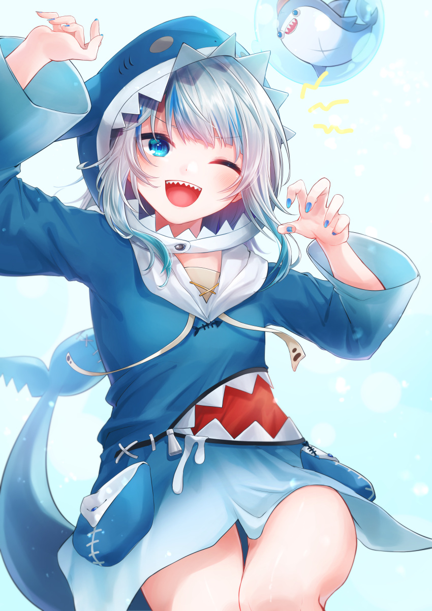 1girl, :d, absurdres, acchun, arms_up, bloop_(gawr_gura), blue_background, blue_eyes, blue_hoodie, fish_tail, flat_chest, gawr_gura, highlights, highres, hololive, hololive_english, hood, hood_up, hoodie, light_blush, long_sleeves, looking_at_viewer, multicolored_hair, nail_polish, one_eye_closed, open_mouth, paw_pose, pocket, red_headwear, shark, shark_girl, shark_tail, sharp_teeth, sidelocks, smile, tail, teeth, thighs, upper_teeth, virtual_youtuber, white_hair