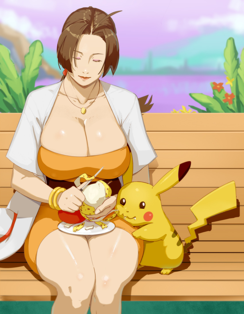 1girl, absurdres, ahoge, blurry, blurry_background, breasts, brown_hair, closed_eyes