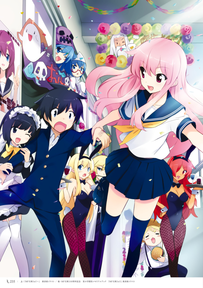 3boys, 6+girls, animal_ears, arm_grab, black_hair, blonde_hair, blue_hair, dark_skin