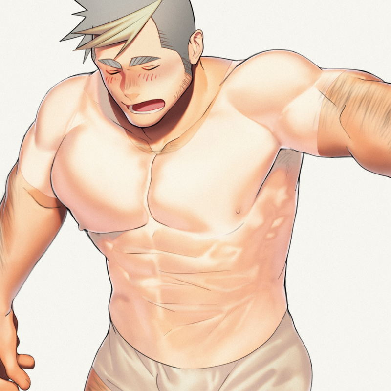 1boy, arm_hair, bara, blush, boxer_dansi, boxers, bulge, chest, closed_eyes, covered_abs, covered_navel, covered_nipples, facial_hair, grey_hair, male_focus, multicolored_hair, muscle, original, pectoral_focus, realistic, see-through, see-through_sleeves, shirt, short_hair, sideburns, solo, stubble, tongue, two-tone_hair, underwear, upper_body, wet, wet_clothes, wet_shirt, white_background, white_shirt