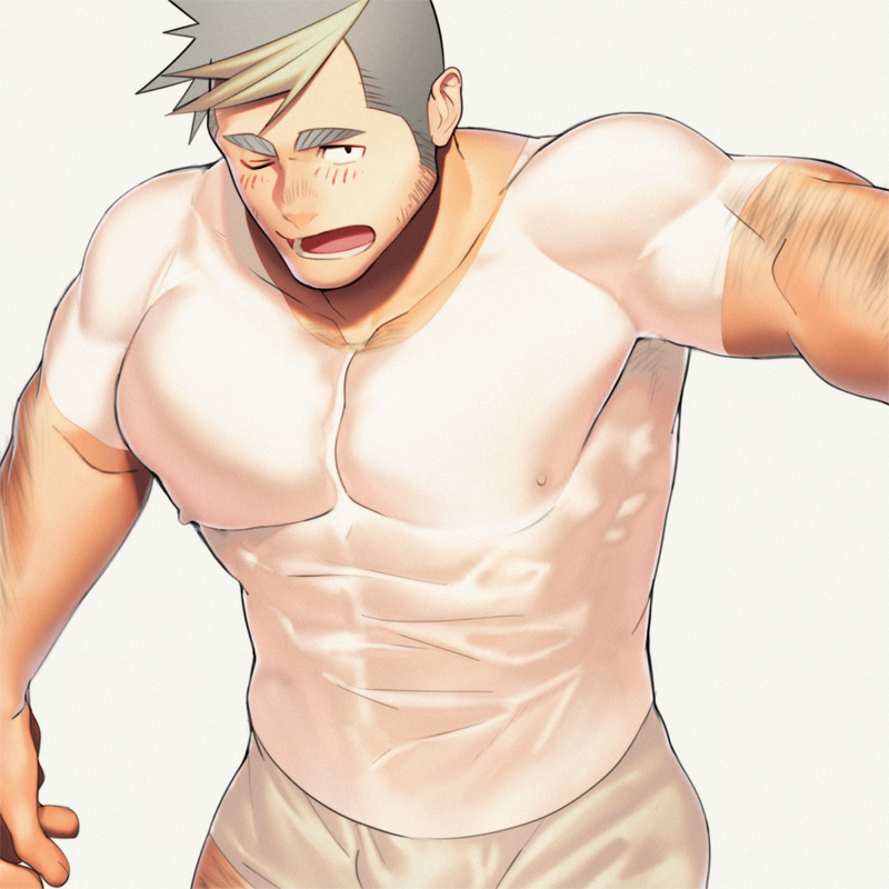1boy, arm_hair, bara, blush, boxer_dansi, boxers, bulge, chest
