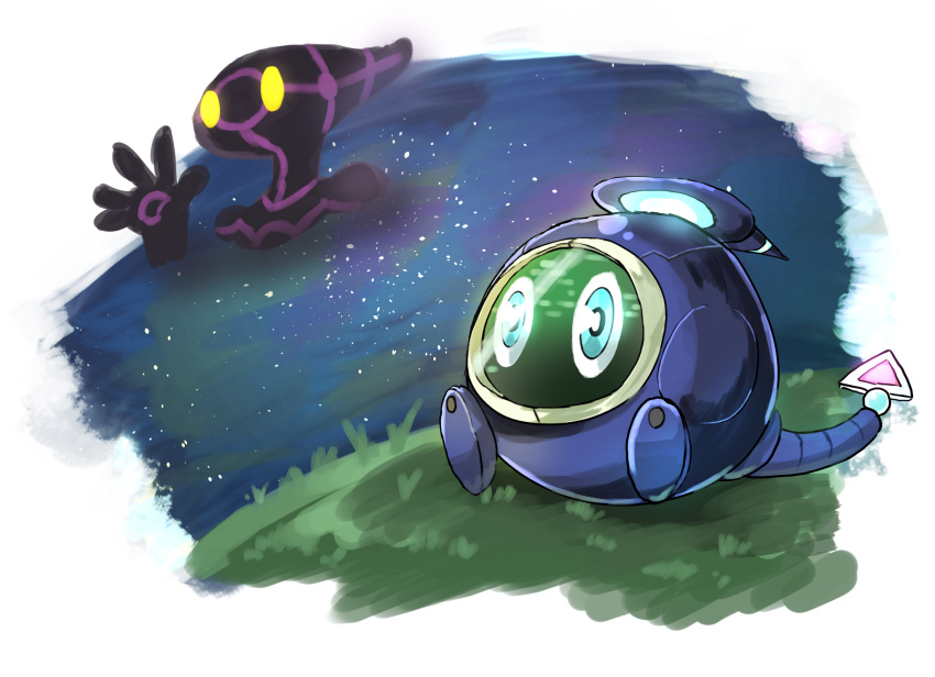 ai_(yu-gi-oh!), blue_eyes, commentary_request, duel_monster, grass, highres, linkuriboh, night