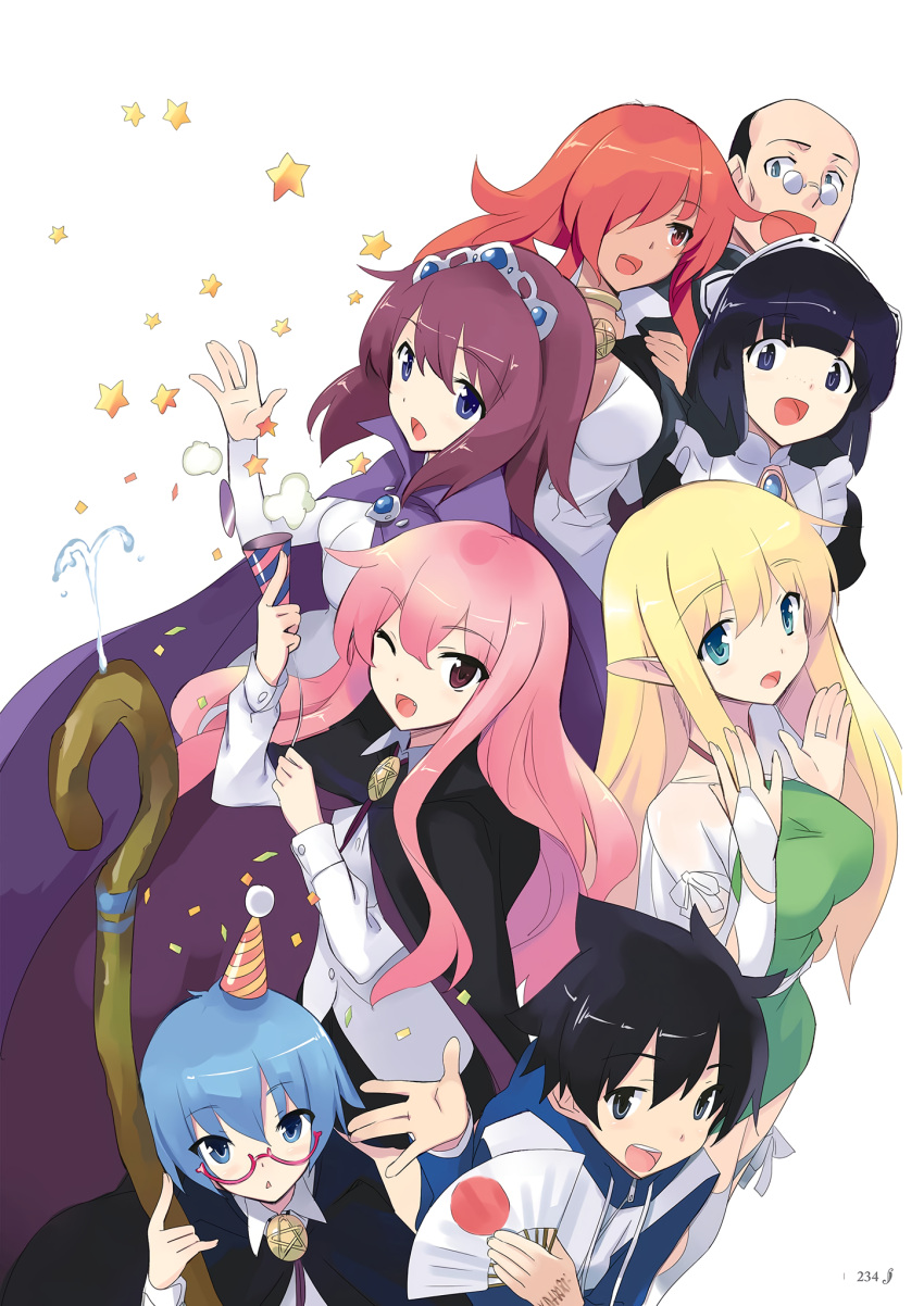2boys, 6+girls, :d, bald, black_hair, blonde_hair, bolo_tie, colbert_(zero_no_tsukaima), dot_mouth, elf, everyone, henrietta_de_tristain, highres, hiraga_saito, human, j.c._staff, kirche_augusta_frederica_von_anhalt_zerbst, looking_at_viewer, louise_francoise_le_blanc_de_la_valliere, maid, maid_headdress, media_factory, moe, multiple_boys, multiple_girls, noise_reduction, official_art, open_mouth, page_number, pink_hair, red-framed_eyewear, redhead, scan, semi-rimless_eyewear, siesta_(zero_no_tsukaima), smile, star_(symbol), tabitha_(zero_no_tsukaima), tiara, tiffania_westwood, under-rim_eyewear, usatsuka_eiji, zero_no_tsukaima