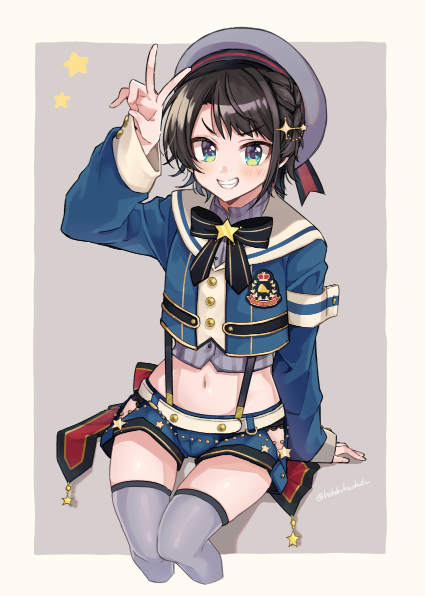 1girl, absurdres, aqua_eyes, bangs, beret, black_hair, blue_jacket, blue_shorts